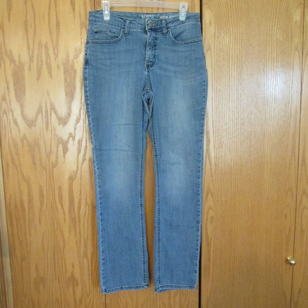 RIDERS BY LEE WOMEN'S SZ 8 M JEANS MED BLUE SLUB STRETCH DENIM MID RISE STR8 LEG